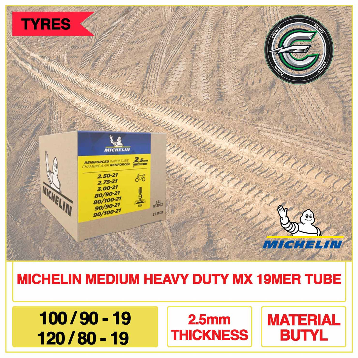 Michelin Medium Heavy Duty MX 19MER Tube 100/90-19 & 120/80-19 2.5mm Thickness Material Butyl Adventure | eMotoX Sports