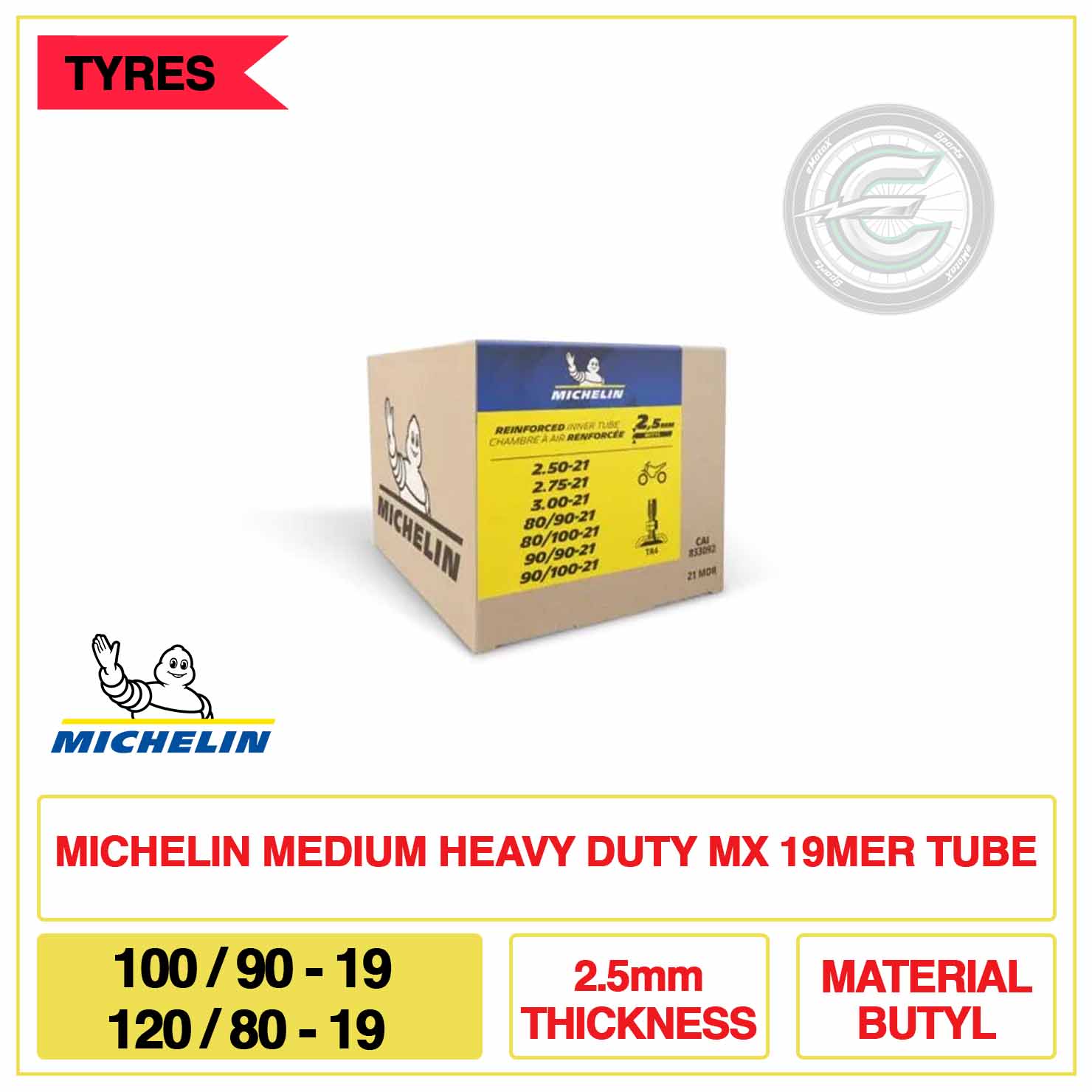 Michelin Medium Heavy Duty MX 19MER Tube 100/90-19 & 120/80-19 2.5mm Thickness Material Butyl | eMotoX Sports