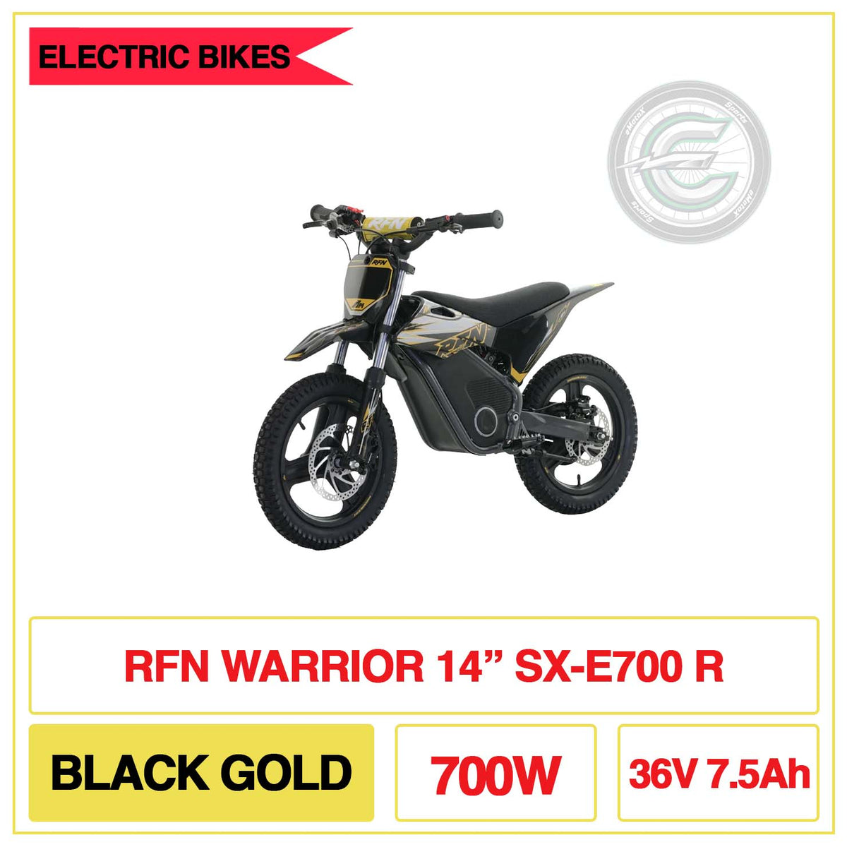 RFN Warrior 14" Inch SX-E700 R Black Gold 700W 36V 7.5Ah | eMotoX Sports