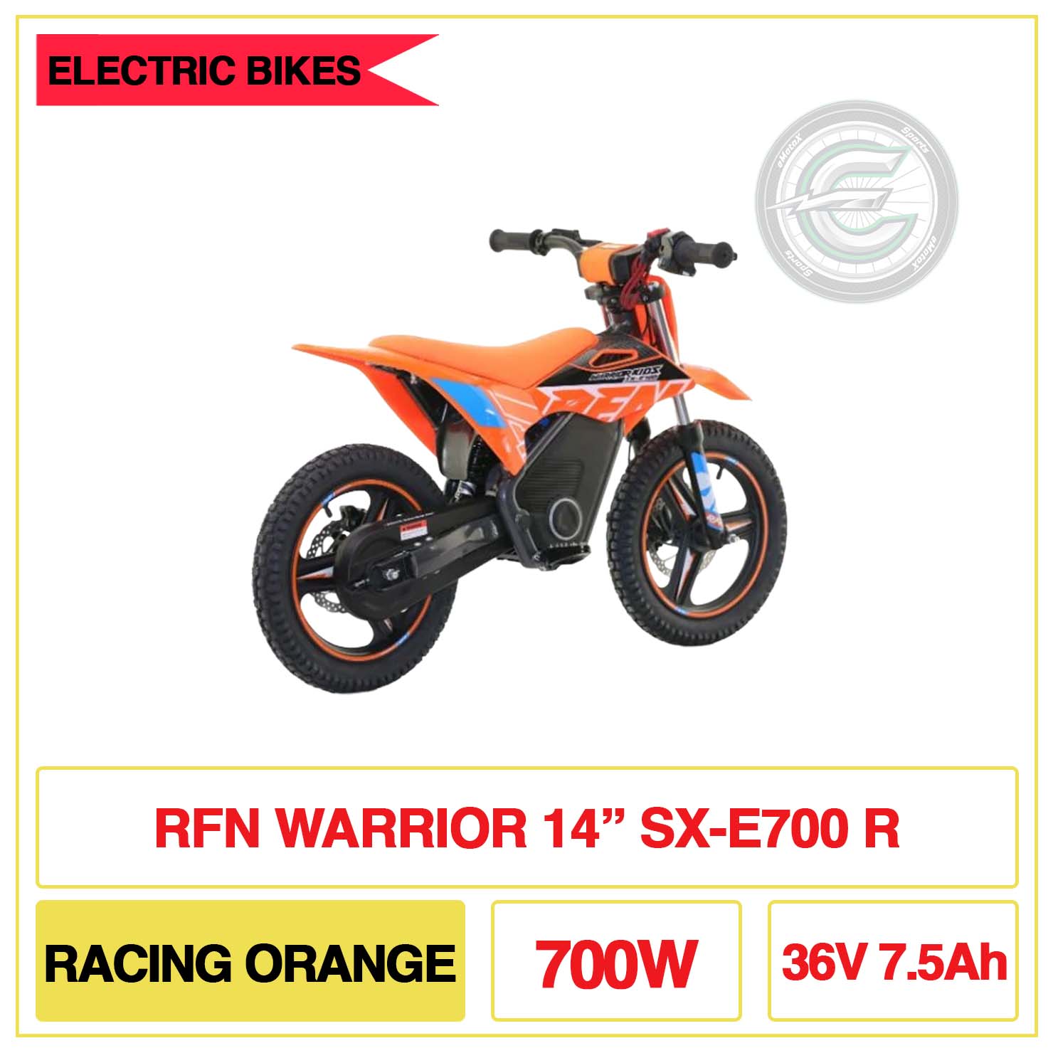 RFN Warrior 14" Inch SX-E700 R Racing Orange 700W 36V 7.5Ah | eMotoX Sports