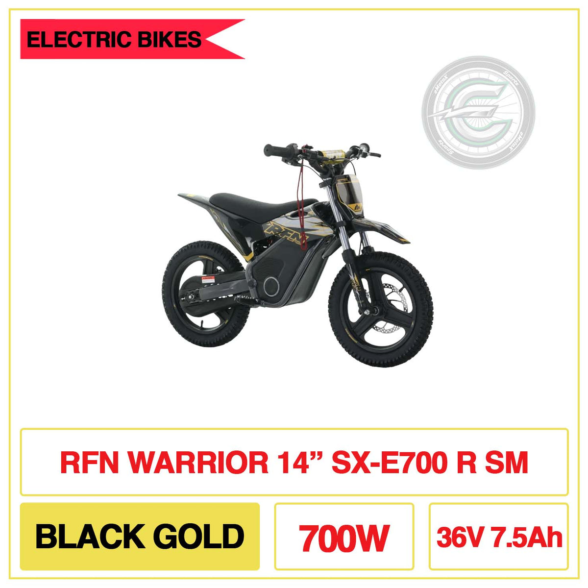 RFN Warrior 14" Inch SX-E700 R SM Black Gold 700W 36V 7.5Ah | eMotoX Sports