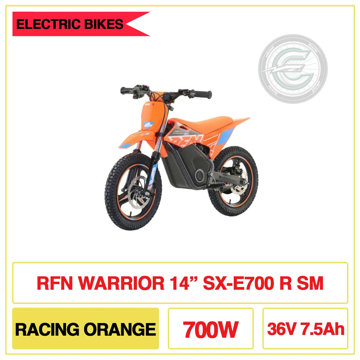RFN Warrior 14" Inch SX-E700 R SM Racing Orange 700W 36V 7.5Ah | eMotoX Sports