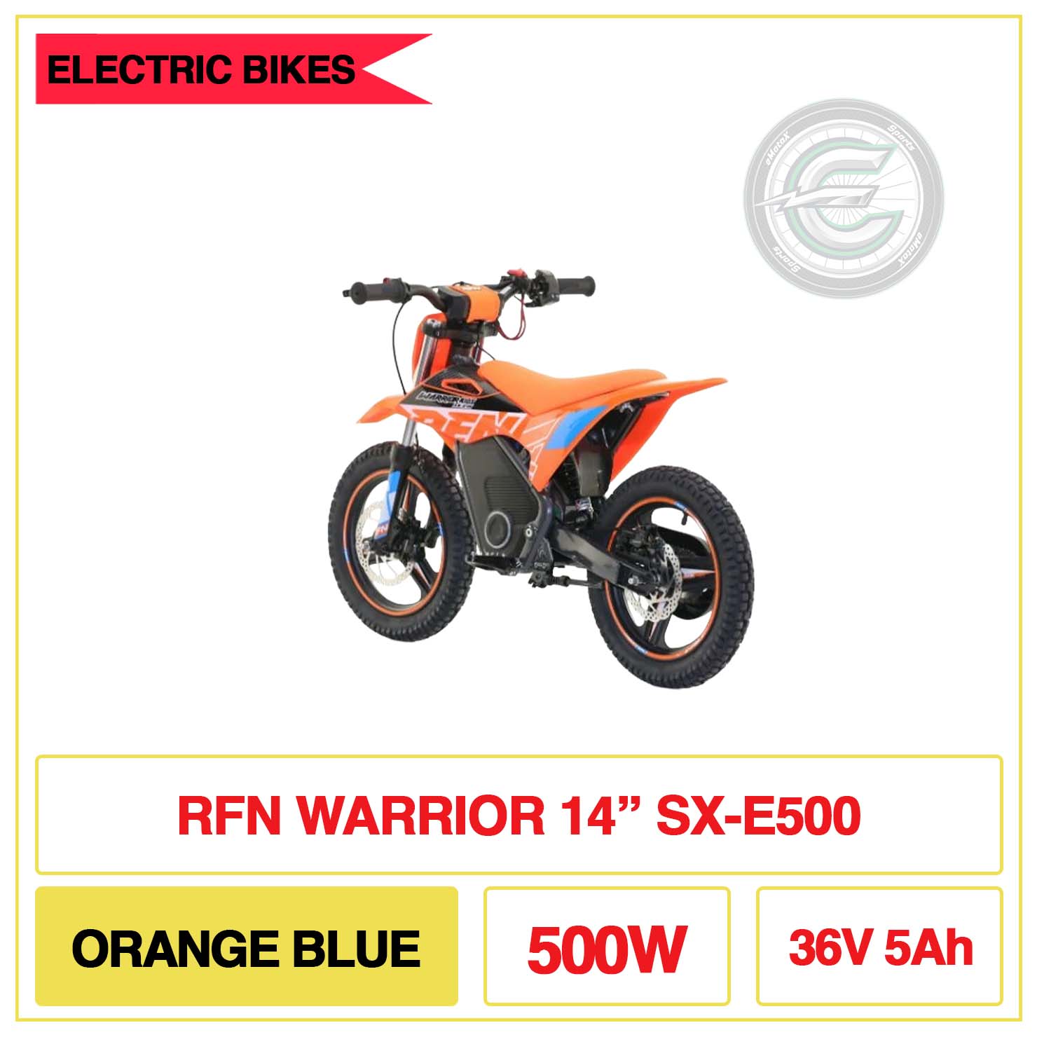 RFN Warrior 14" Inch SX-E500 Orange Blue 500W 36V 5Ah | eMotoX Sports