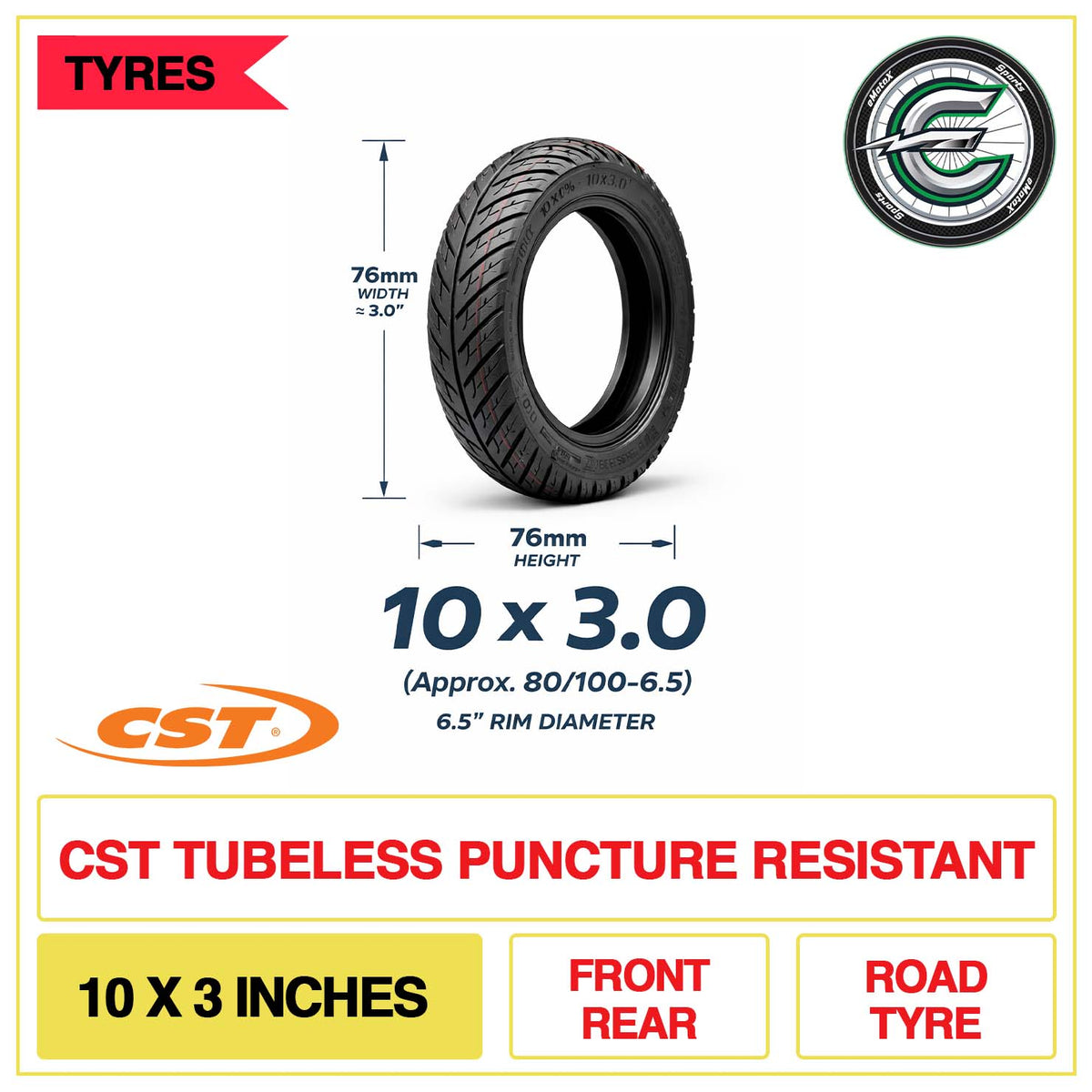 CST Tubeless Puncture Resistant 10x3 Inch Road Tyre | eMotoX Sports
