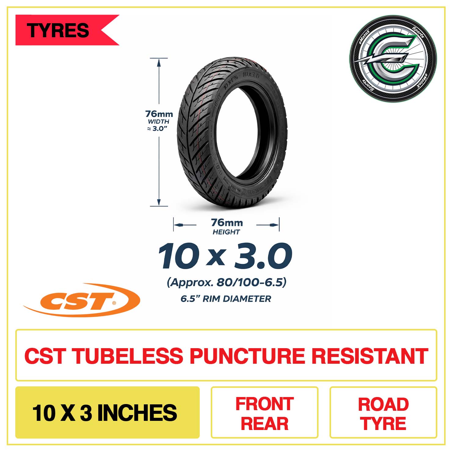 CST Tubeless Puncture Resistant 10x3 Inch Road Tyre | eMotoX Sports