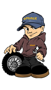 eMotoX Sports mascot holding motocross rear wheel and spanner Tread Master character | eMotoX Sports