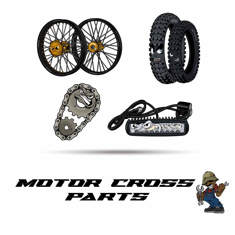 Electric dirt bike motor cross parts including wheels, tyres, chain, sprocket and drivetrain components offered by eMotoX Sports