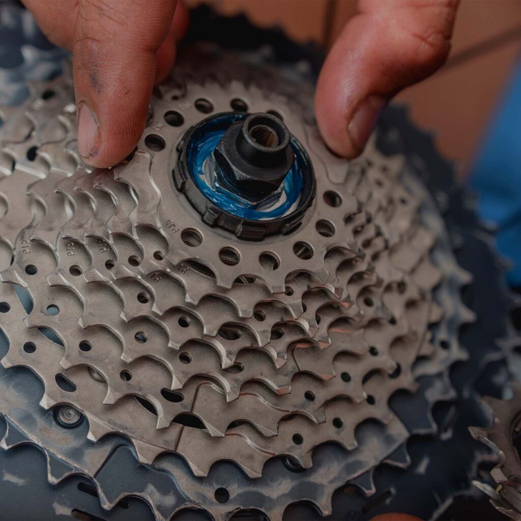 Close-up of a bicycle cassette being installed and greased during professional drivetrain servicing. | eMotoX Sports