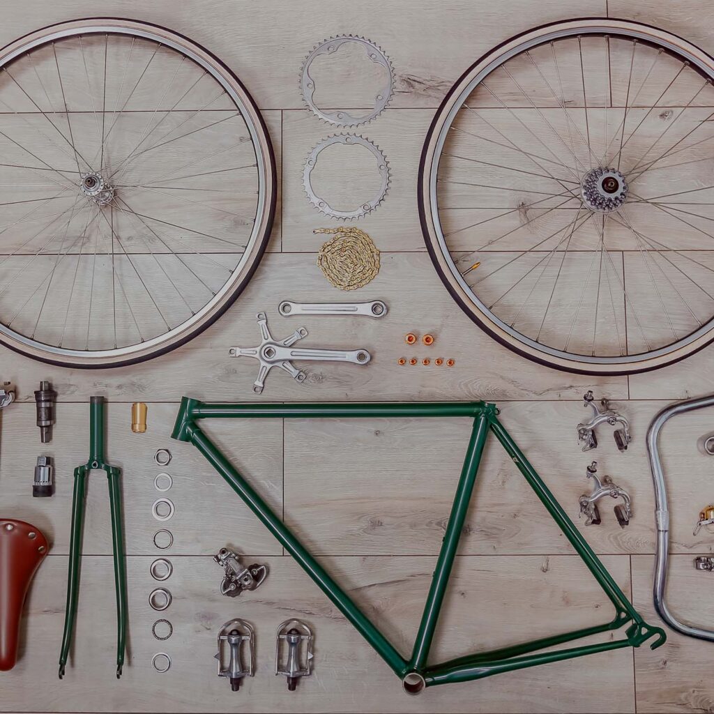 Bicycle frame and components arranged for professional bike build and service. | eMotoX Sports