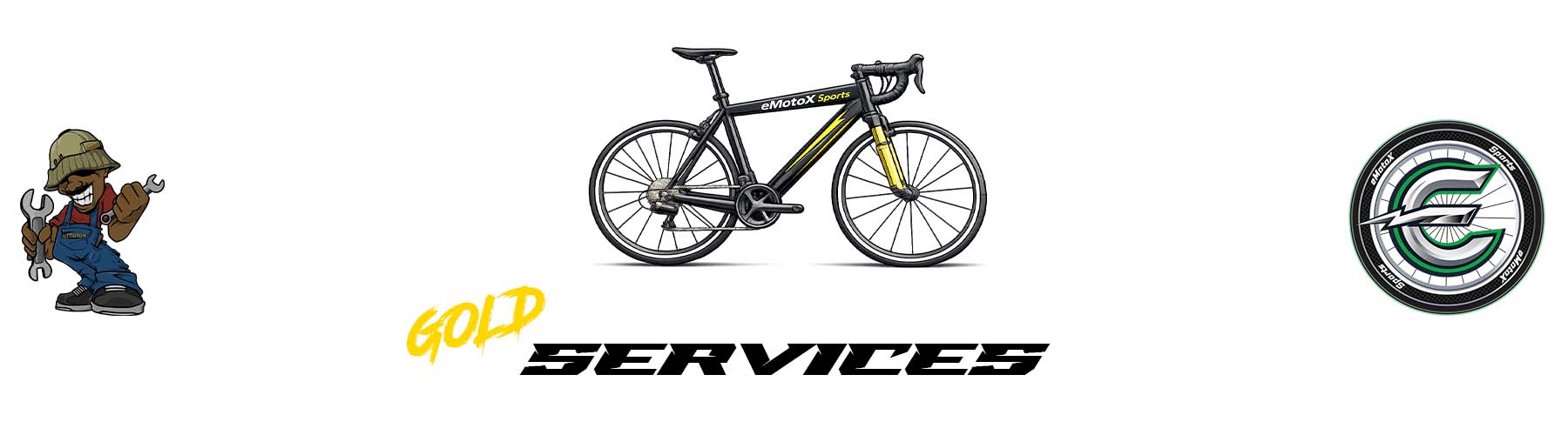 Gold bicycle service banner featuring road bike. | eMotoX Sports