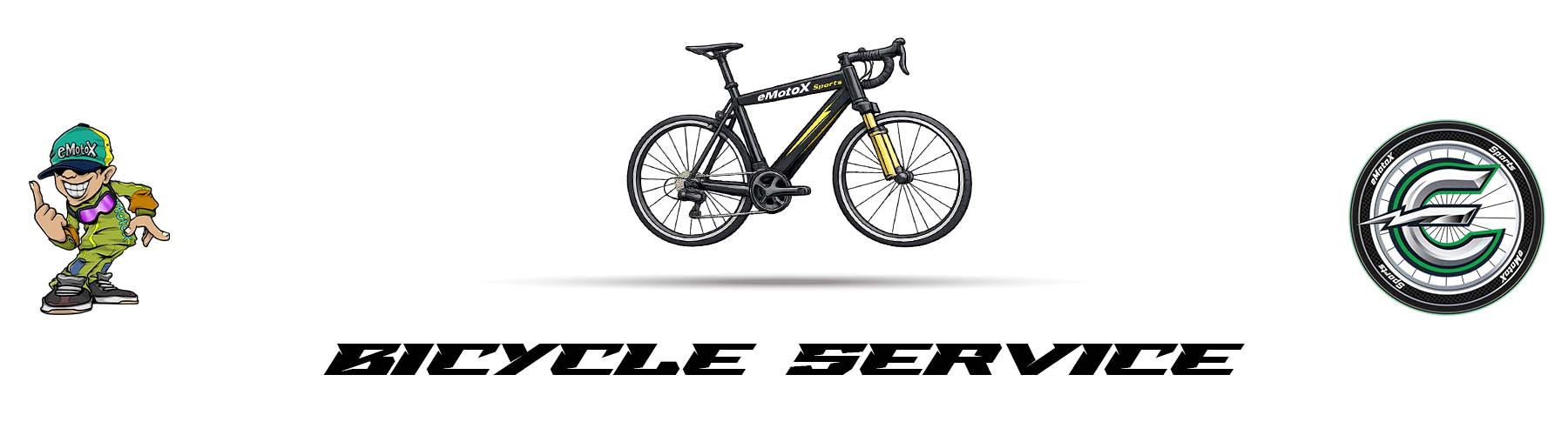 eMotoX Sports bicycle service banner featuring professional bike maintenance, road bike illustration, and brand logo | eMotoX Sports