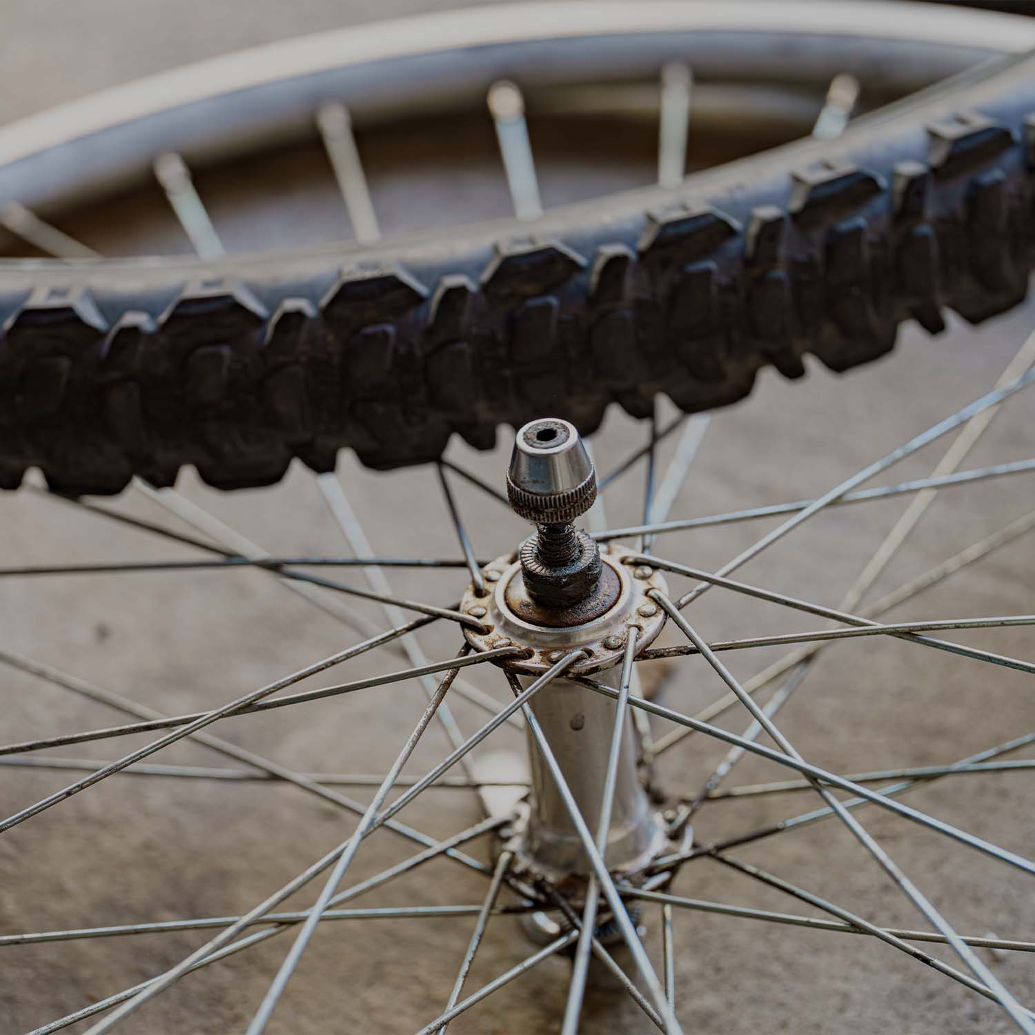 Close-up of bicycle wheel hub and spokes during wheel inspection and maintenance. | eMotoX Sports