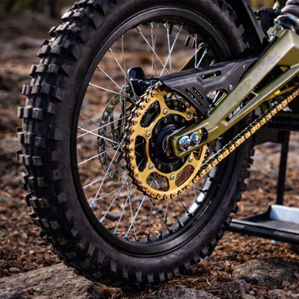 Electric dirt bike rear wheel with gold sprocket and chain. | eMotoX Sports