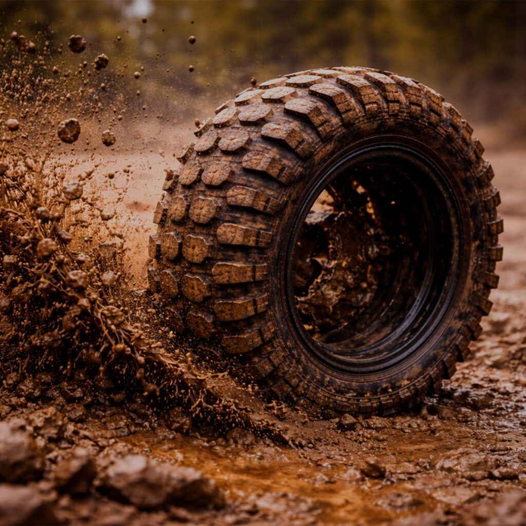 eMotocross off-road tyre kicking up mud, showing aggressive tread and traction. | eMotoX Sports