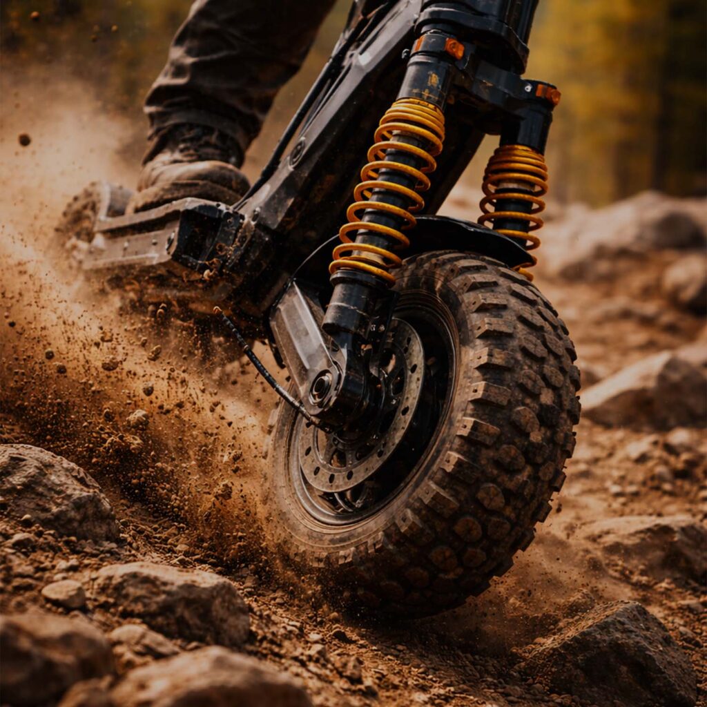 eMotocross suspension absorbing rough off-road terrain during trail riding | eMotoX Sports