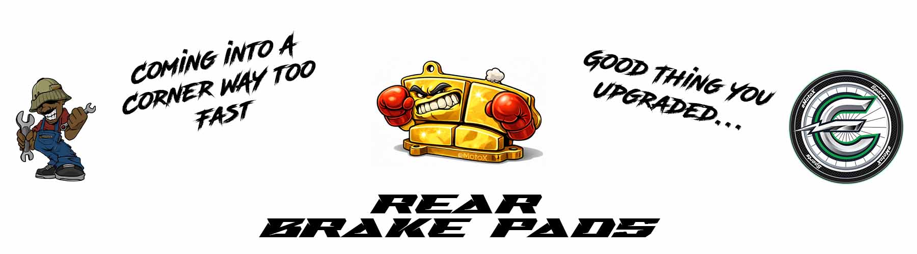 eMotoX rear brake pads cartoon illustration high performance motocross brake pads upgrade stopping power
