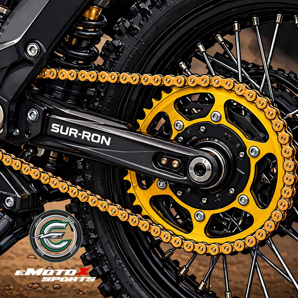 Motocross drivetrain service – Sur-Ron electric dirt bike chain, sprocket and rear wheel drivetrain inspection and maintenance