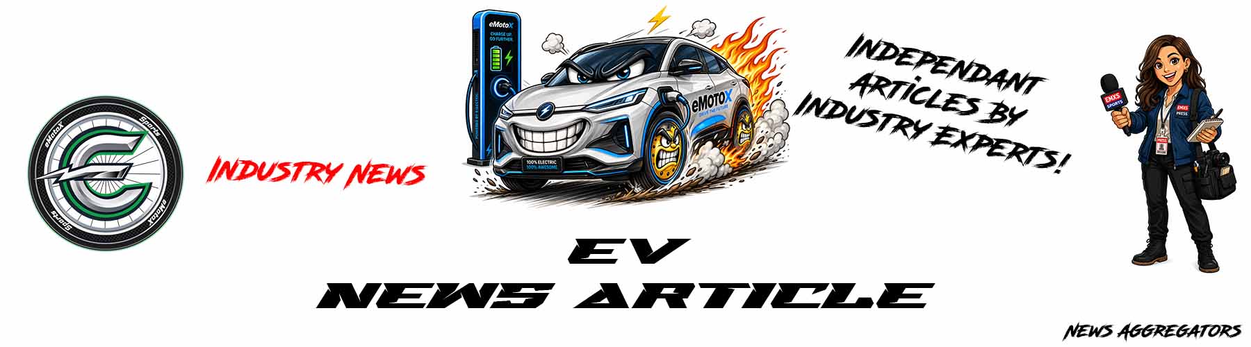 EV news article header featuring electric vehicle news, EV charging station, electric car updates and industry insights