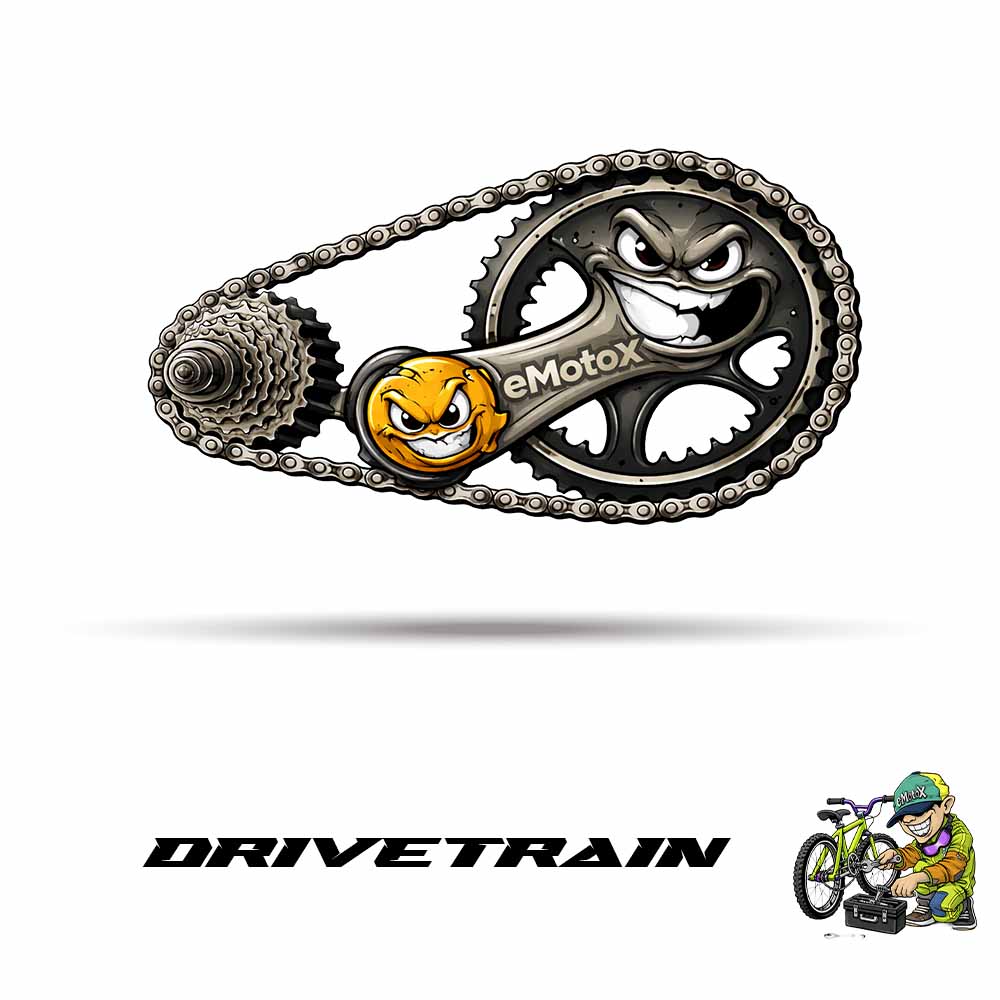 Bike drivetrain parts including chain, sprocket and bicycle gear components
