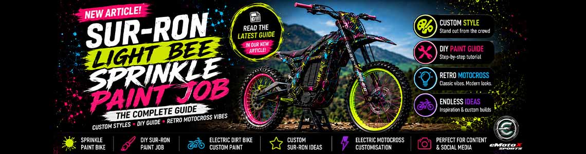 Sur-Ron Light Bee Sprinkle Paint Job promotional banner featuring a custom neon freestyle Sprinkle Paint Bike with bright pink, blue, and neon yellow accents. The image promotes a complete guide covering DIY Sur-Ron Paint techniques, Electric Dirt Bike Custom Paint inspiration, Custom Sur-Ron Ideas, and Electric Motocross Customisation for riders looking to create a unique custom Sur-Ron build.