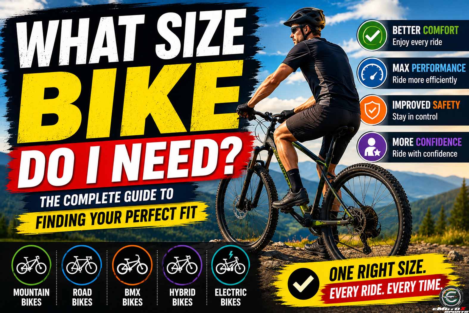 Bike sizing guide featuring a mountain bike rider with large text reading ‘What Size Bike Do I Need?’ The image highlights bike fit, comfort, safety, confidence, and performance while showcasing mountain bikes, road bikes, BMX bikes, hybrid bikes, and electric bikes. Includes visual references to choosing the correct bike size, finding the perfect bike fit, and improving cycling comfort and control through proper bicycle sizing